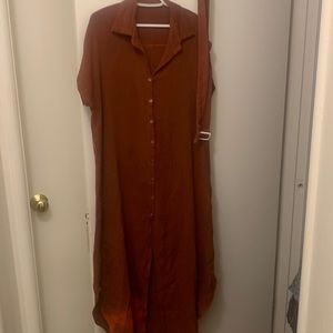 Rust/brown cotton long shirt dress. Soft and cozy with belt.